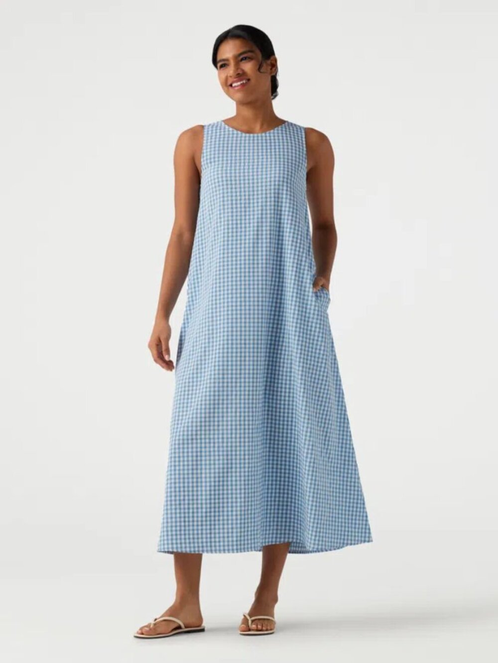 Halara Tank Dress Round Neck Sleeveless Midi Crinkle Gingham Plaid Blue NWT XL - Picture 11 of 13